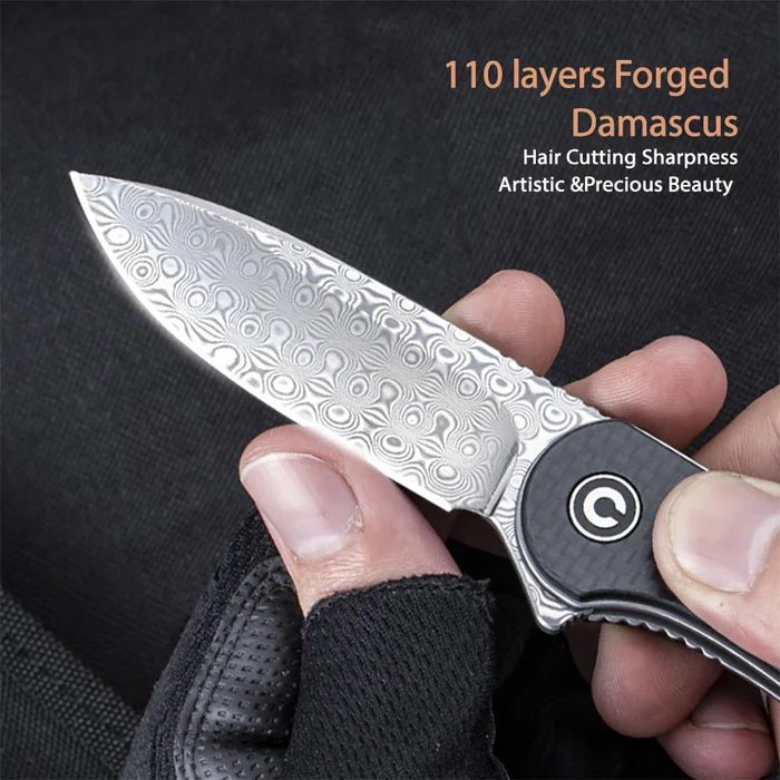 CIVIVI Elementum Flipper, Carbon Fiber & G10 Handle, 2.96" Damascus Blade - Boss Components