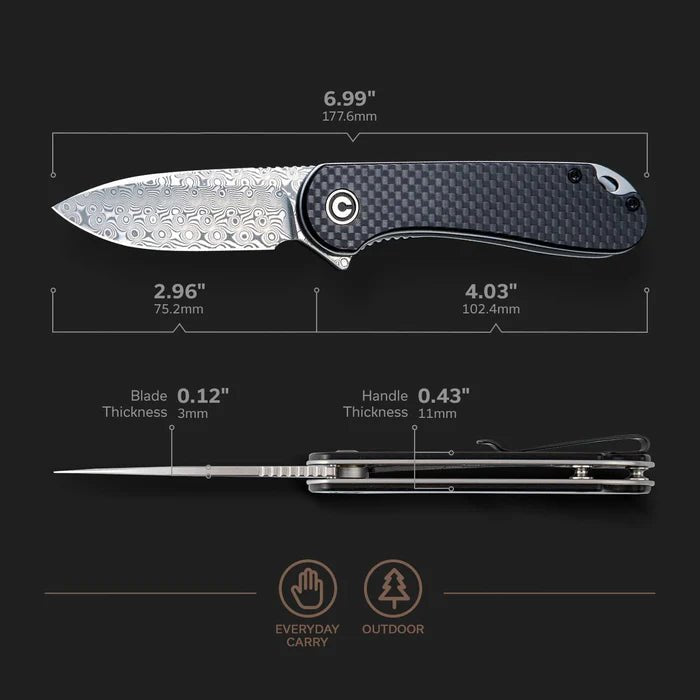 CIVIVI Elementum Flipper, Carbon Fiber & G10 Handle, 2.96" Damascus Blade - Boss Components