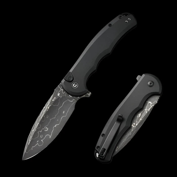 CIVIVI Praxis Flipper, Black Aluminum Handle, 3.75" Damascus Blade - Boss Components