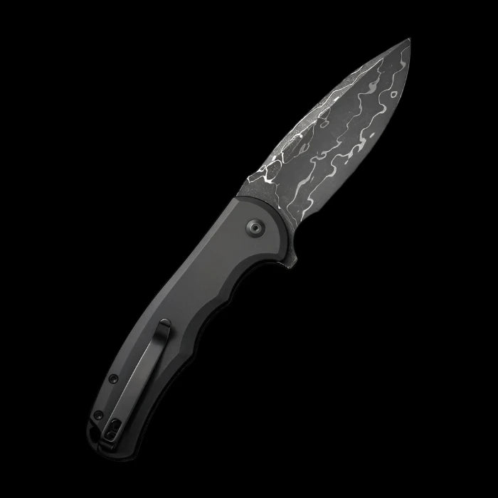 CIVIVI Praxis Flipper, Black Aluminum Handle, 3.75" Damascus Blade - Boss Components